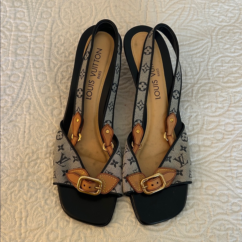 Louis Vuitton Monogram Navy and Tan Sandals